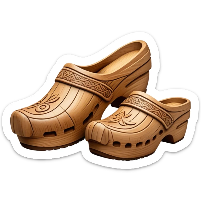 Cinematic Realistic Wooden Clogs Emoji, depicted as a pair of traditionally carved weathered wooden clogs with intricate details and rustic charm, rendered with rich textures and warm natural lighting that captures their cultural heritage. sticker