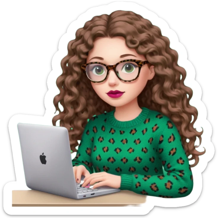 a european white young woman with long wavy/curly brown hair typing in a computer, she's using dark brown leopard glasses and knit green sweate, her lips are light red and her cheeks slightly pink sticker