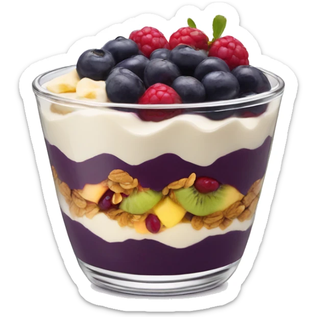 Açaí in a clear cup with layers of fruits and granola and condensed milk sticker