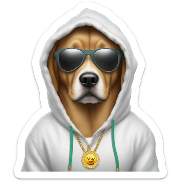Dog wearing a hoodie and sun glasses with iced out necklaces  sticker