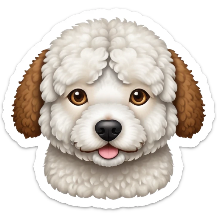 White Spanish water dog with one eye with brown spot circle and one ear also brown  sticker