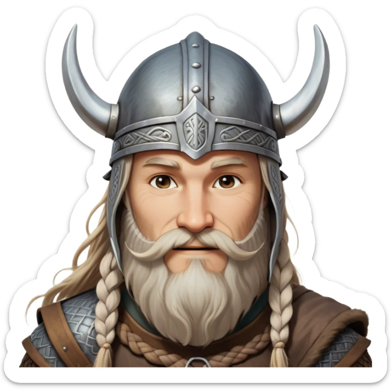 Clash of Clans aesthetic: Beautiful and Majestic Viking Portrait Emoji, Rendered in serene confidence with a gentle, enigmatic smile and a refined, weathered Viking helmet, showcasing a noble, sturdy build with long braided hair and a dignified beard, his face in natural skin tone, Simplified yet exquisitely endearing features, highly detailed, glowing with a soft, majestic Nordic light, high shine, calm and heroic, stylized with an air of timeless Norse elegance, soft glowing outline, capturing the essence of a majestic Viking whose noble spirit inspires epic quests! sticker