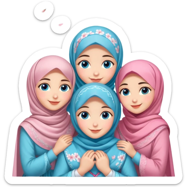 Four sister hugs Turkish girls beautiful finish Konya blue eyes with cherry blossom hijab and heart dress and hugs  sticker