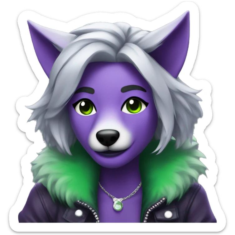 A purple Anthro wolf rockstar with green highlights in her grey hair sticker