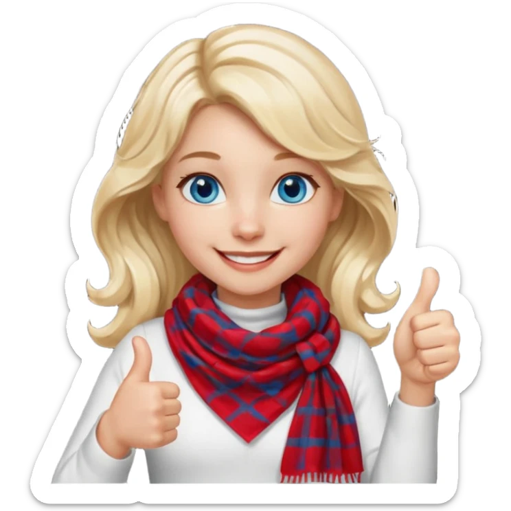 Blonde Girl, Blue Eyes, wavy hair, smiling, thumbs up, wearing red Checkered Triangle scarf, white dress sticker