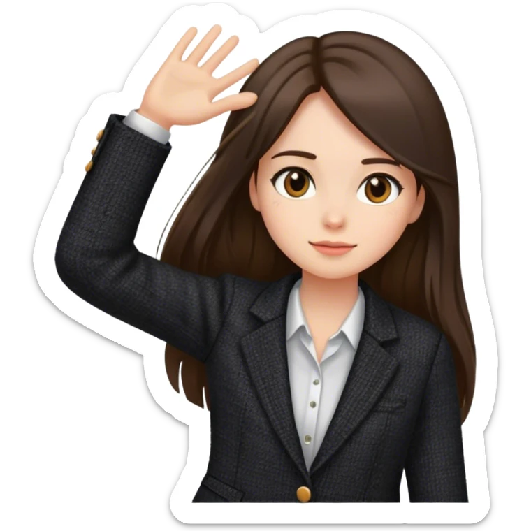 Brunette long straight hair white professional women head shot in Zara black tweed blazer sticker