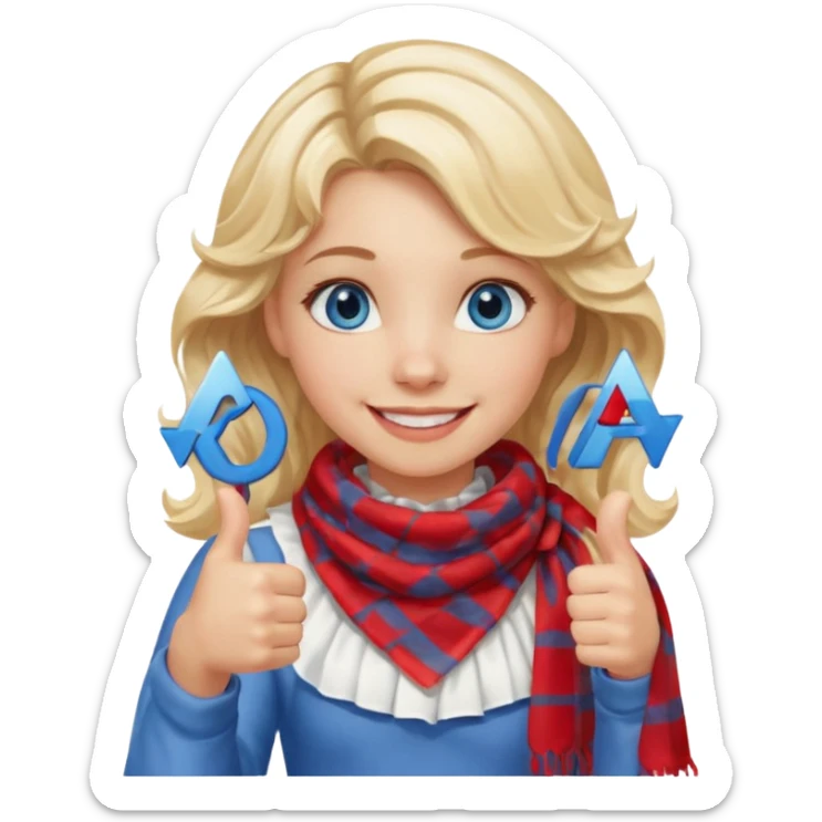 Blonde Girl, Blue Eyes, wavy hair, smiling, thumbs up, wearing red Checkered Triangle scarf, white dress sticker