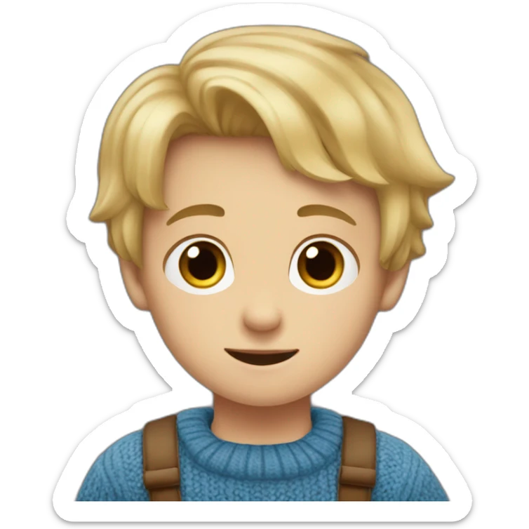 Little boy with blonde hair with brown eyes with a small bobo at the level of the mouth he is dressed in a blue and brown sweater sticker