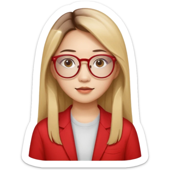 20 yr old asian woman, straight thick long brown hair, blond at ends of hair, center part to hair, big red glasses, brown eyes, casual shirt sticker