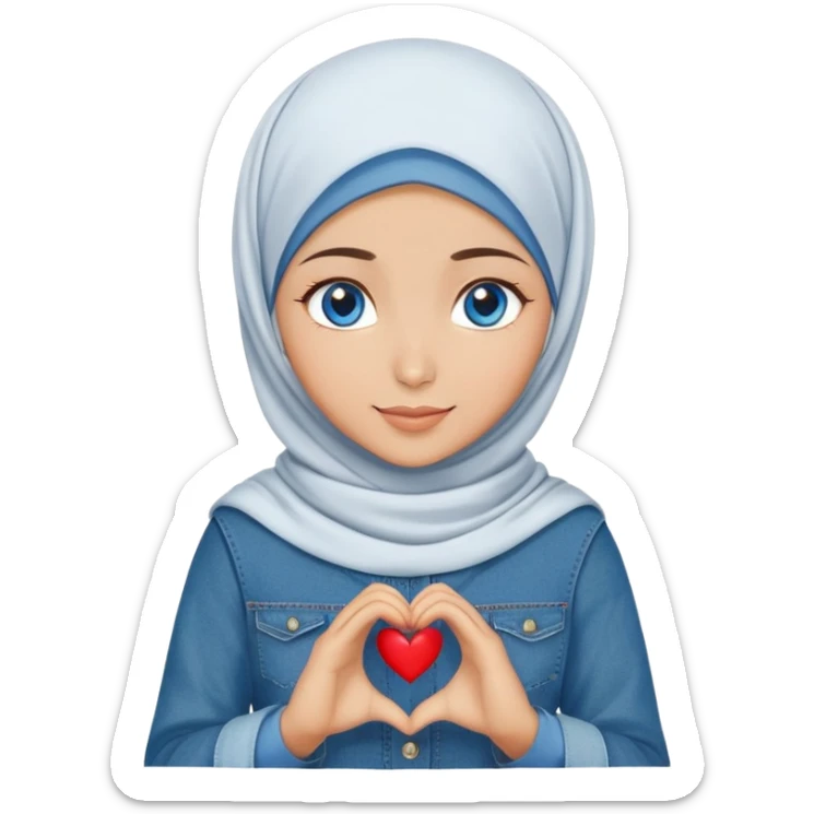 Turkish beautiful finish Konya girl blue eyes with denim hijab islamic dress and making heart with hands and with thank you text sticker