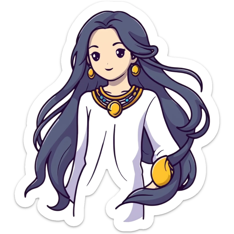 Beautiful fantasy girl with metal jewelry and long flowing hair, mystical princess sticker