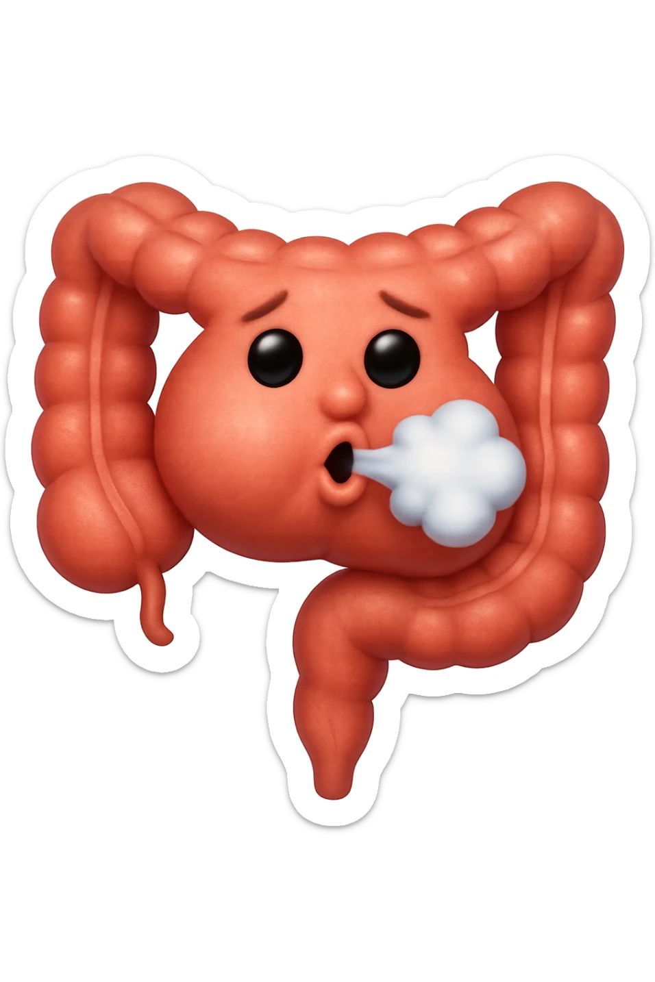 emoji stile iphone di un intestino che ingoia una nuvoletta di aria ben visibile e gli si gonfia la pancia, non fargli il naso, iperrealistico 4k sticker