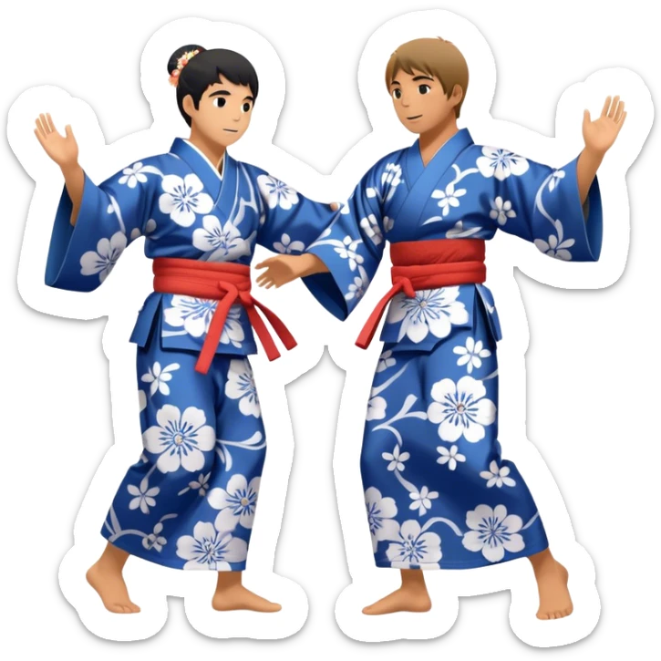 Cinematic Realistic scene of two performers engaging in Bon Odori, dressed in traditional yukata with intricate summer patterns, captured in graceful, rhythmic motion with warm, festive lighting sticker