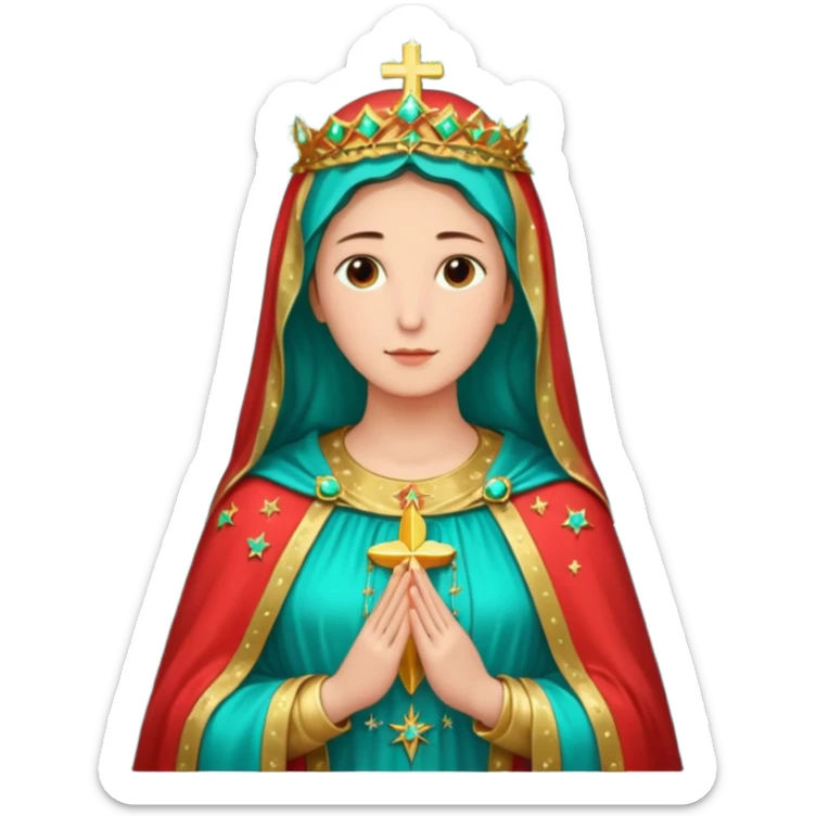 virgen maria catolica con vestido rossa, coral y manto verde turquesa y pequeñas estrellas doradas, dispersas por el manto, muchas estrellas en su manto.con las manos juntas sticker