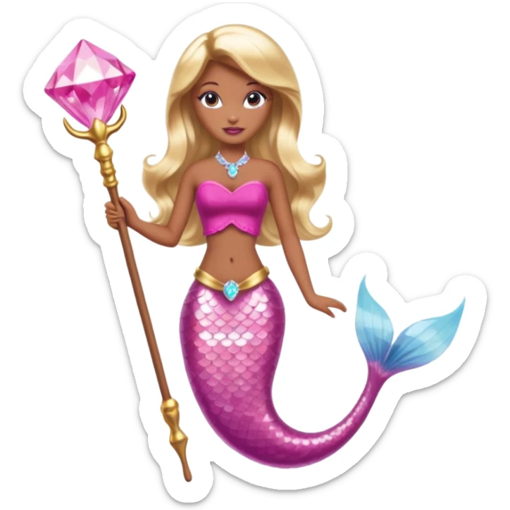 Brown skin blonde hair barbie mermaid with pink diamond tail and wand  sticker