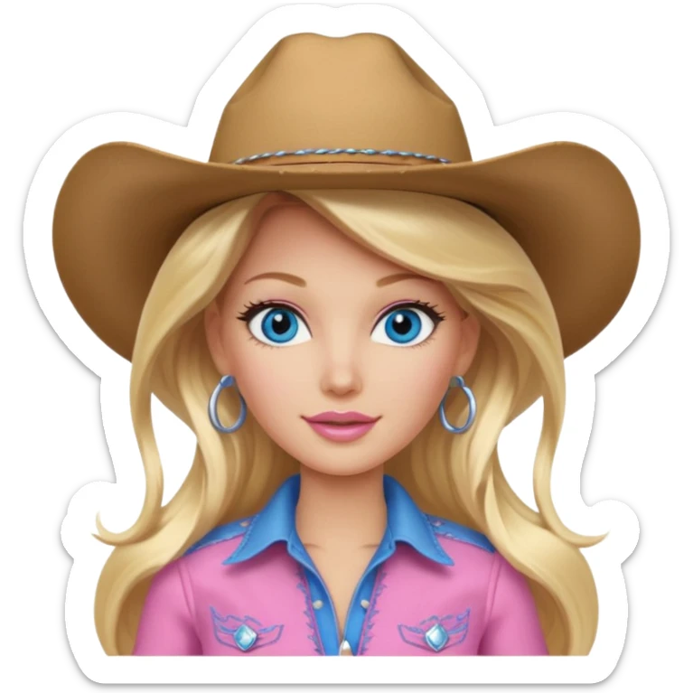 Cowgirl barbie in a pink outfit with cowboy hat with long blonde hair and blue eyes sticker