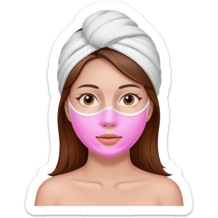 A woman with brown hair, a white towel wrapped around her head. Her face is covered with a pink skincare mask applied to the T-zone and cheeks sticker