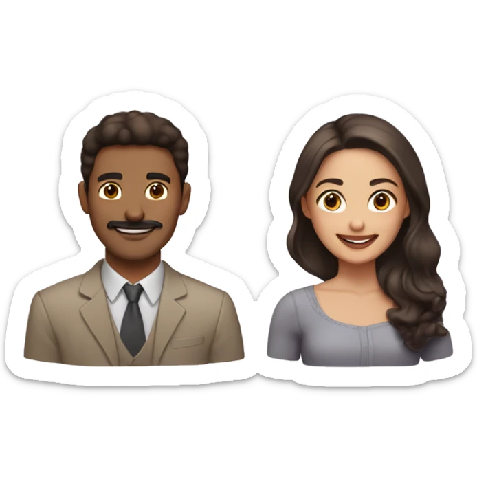 woman with dark brown hair and light tan skin smiling with a man with brown hair and fair skin with a faint mustache sticker