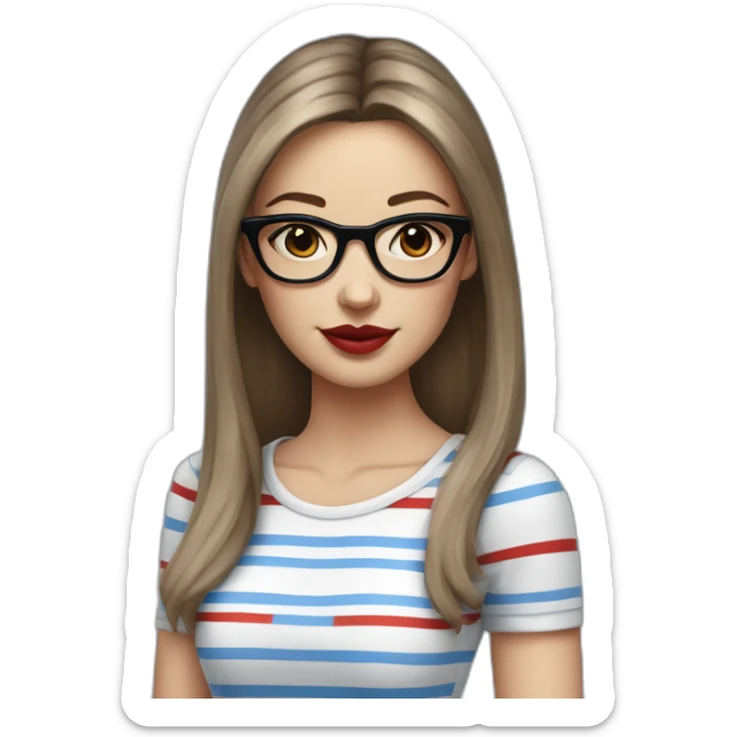caucasian woman with square black glasses, straight dark brown bangs, red lipstick, blue and white striped t shirt sticker