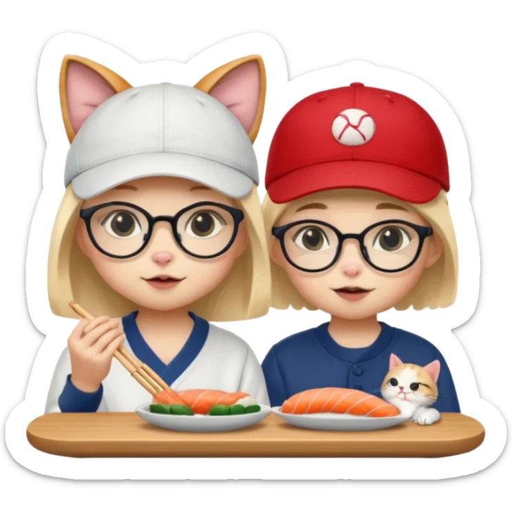cute girl cat wearing glasses and a cute boy cat wearing a baseball cap eating sushi together sticker