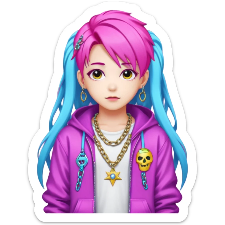 portrait-of-young-ghost-idol-in-kpop-style,-wearing-flashy-streetwear-outfit,-colorful-dyed-hair,-confident-pose,-accessorized-with-chains- sticker