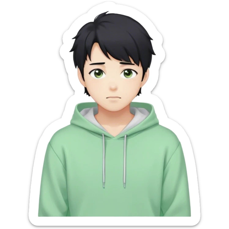 Gorgeous pastel green sweater black hair anime style shojo guy with blushing face and, hoodie, aesthetic, young adult, trending style, outside, vedal987 sticker