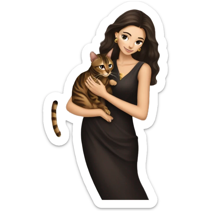 Beautiful skinny woman long dark brown hair in dark dress with gold earrings hug bengal cat sticker