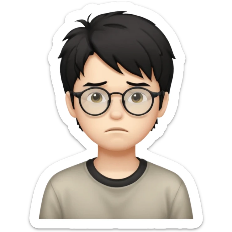 
young boy, 16 years old, messy black hair, glasses, sad face emoji sticker