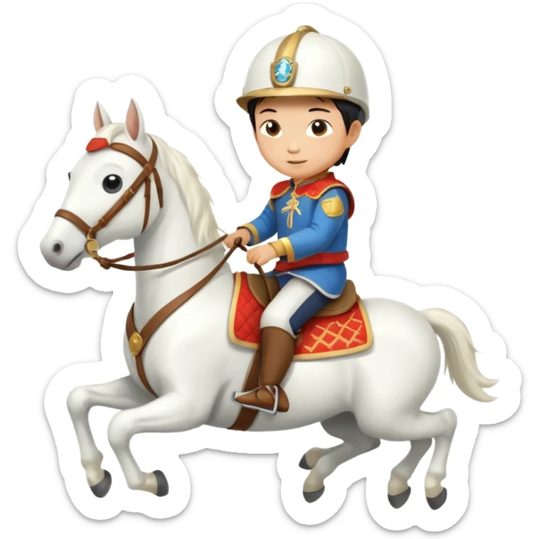 A Chinese little boy is riding a cute white small horse, and the horse is running. The blanket on the saddle says ‘2026.’  (2026 MUST HAVE) 。 sticker