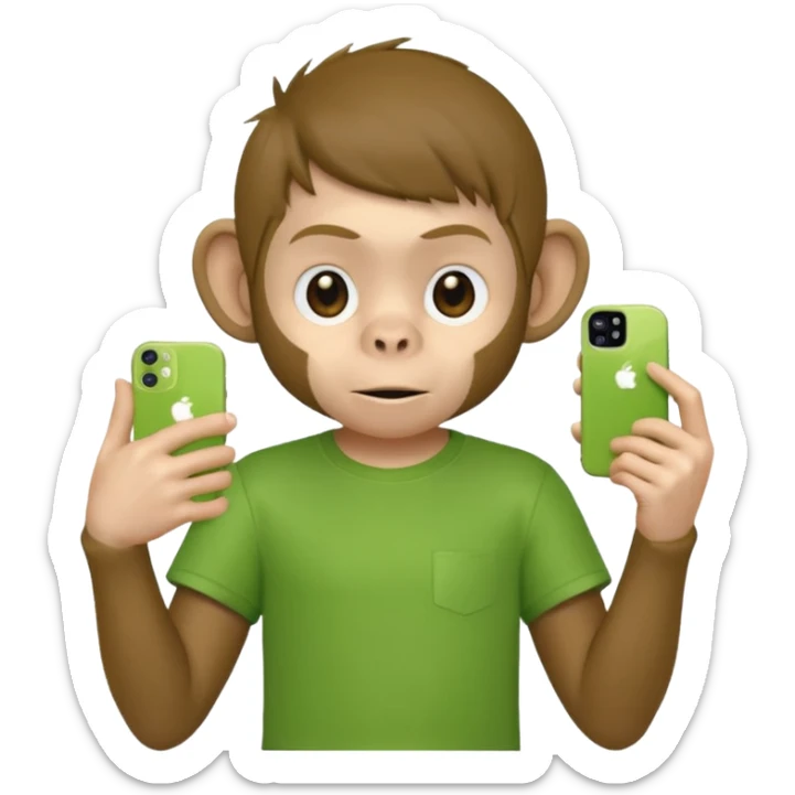 Un singe qui est habillé comme un garçon et qui a un iPhone 12 mini et qui a un t-shirt vert  sticker