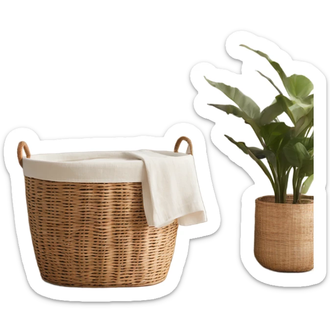 The rattan laundry basket with two handles is very cozy and inside the linen is white and beige sticker