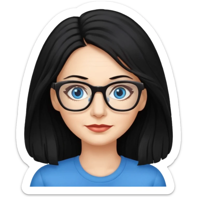 woman 50 years old, long and fluffy black hair, blue eyes, glasses sticker