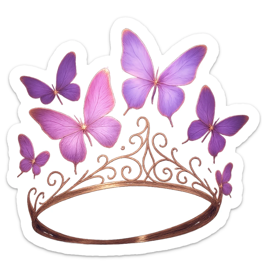 a fantasy butterfly crown in rose gold, with pink and purple butterflies and a magical glow sticker