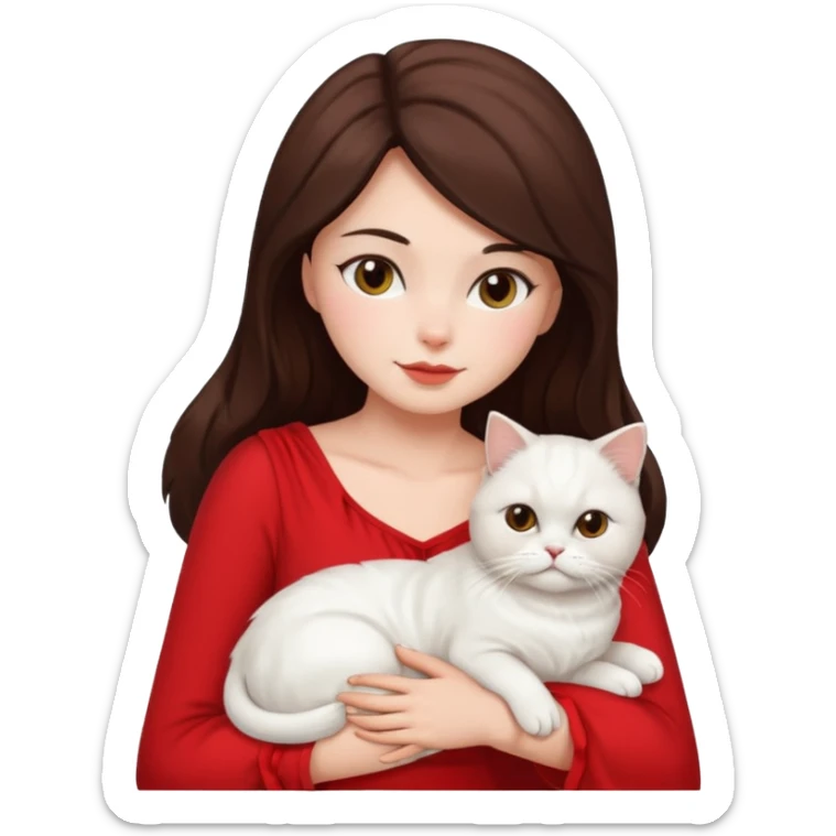 Brunette woman snuggling white Persian cat, wearing a red dress sticker