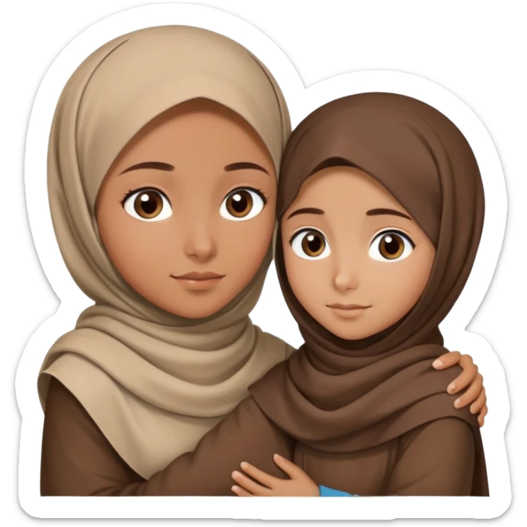 Turkish beautiful finish Konya girl blue eyes with brown beige hijab islamic dress and hugs with a boy brown haircut brother  sticker