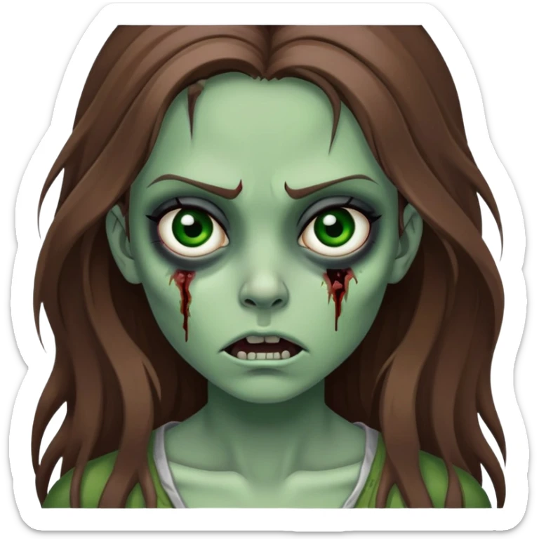 Girl zombie with long brown hair, green skin, black eyes with dark circles, and frightening expression sticker