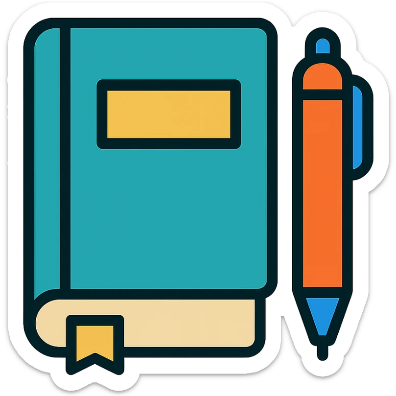 minimalist icon of a book and pen in botgoondie color palette, simple lines sticker