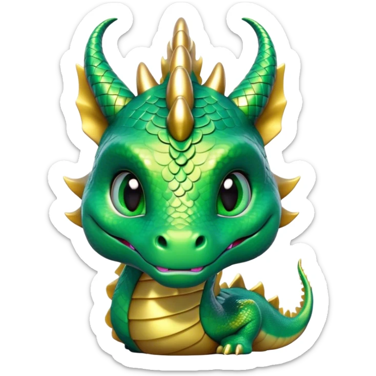 Cinematic Cute Dragon Portrait Emoji, Head tilted playfully and inquisitively, featuring a sleek, serpentine form adorned with iridescent scales that shift between emerald and gold, a delicate set of subtle horns, and round, sparkling eyes full of curious magic; rendered with realistic detail and warm natural light, high shine, affectionate and enchanting, styled with a touch of whimsical fantasy, soft glowing outline, capturing the essence of a mischievous yet lovable dragon that seems poised to slither playfully into your arms! sticker
