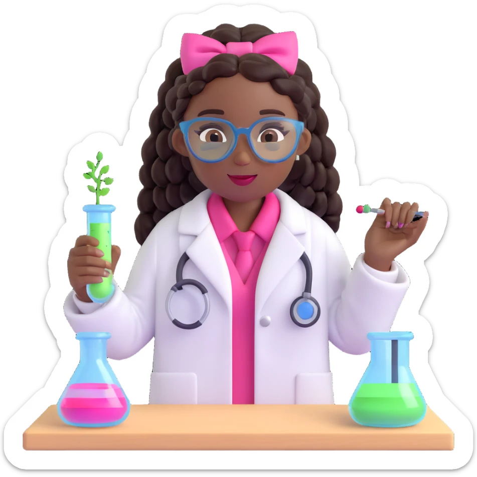 pretty black girl scientist emoji with goddess box braids hairstyle, no glasses, natural lip color, pink bow on lab coat, performing a science experiment with an electric circuit sticker
