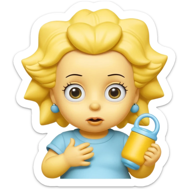 A 3D cartoon baby character fully yellow skin, styled like Maggie Simpson, with pacifier, big eyes, smooth shading, Memoji-style rendering, consistent with other yellow Simpsons characters. sticker