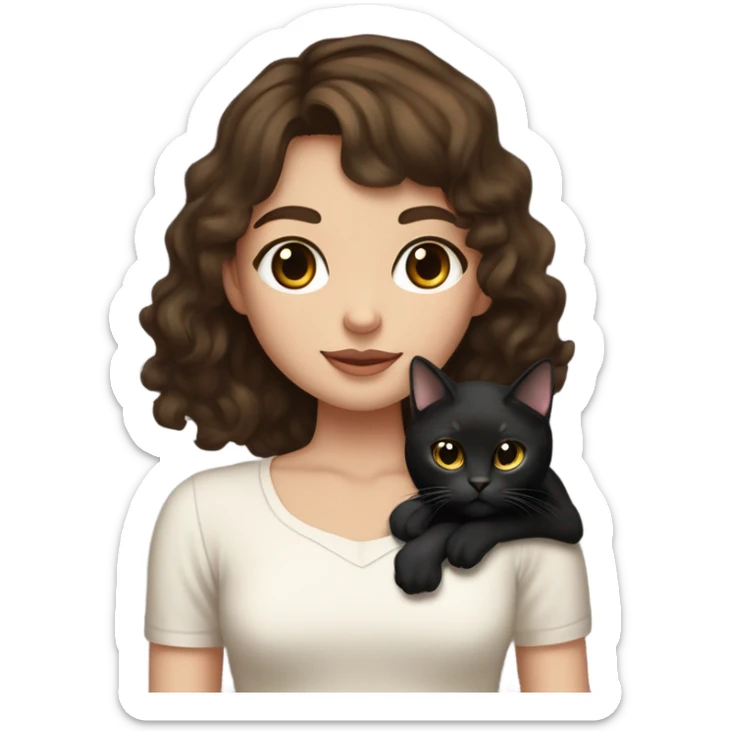 tall skinny brunette haired girl with brown eyes medium wavy hair and curtain bangs holding fat black cat with white spot on its belly sticker