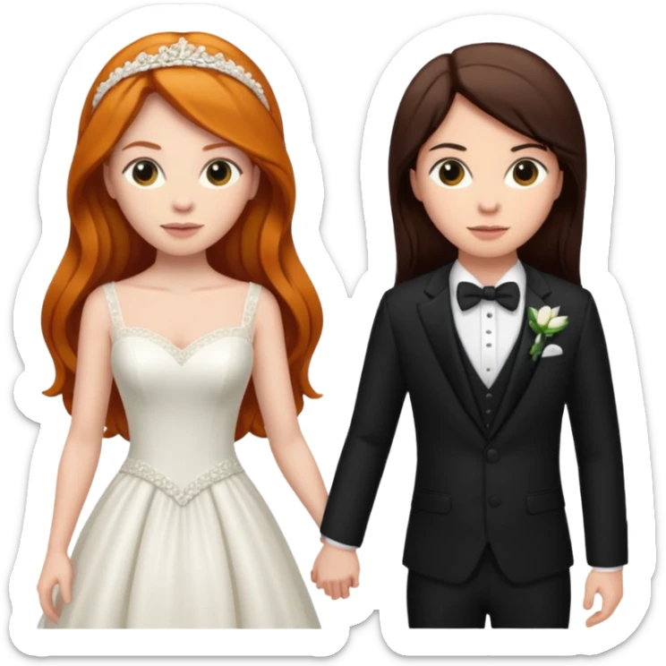 two girls getting married. one ginger with long hair in a BLACK SUIT. one DARK Haired brunette in a WEDDING dress sticker