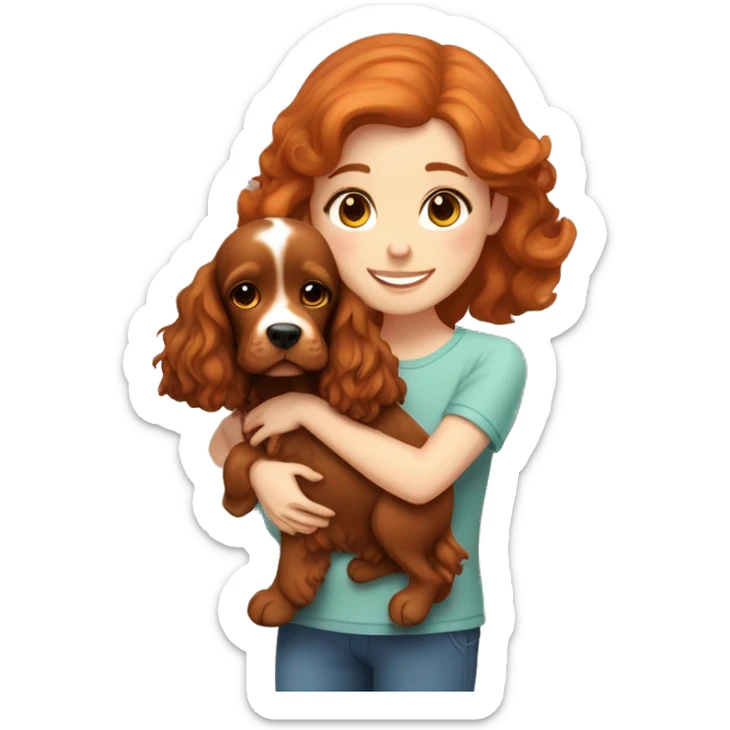 A very cute girl with red hair cuddling a happy caramel-brown English Cocker Spaniel. sticker
