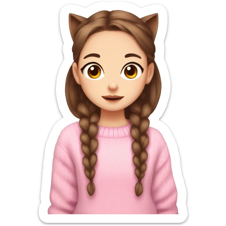 a twitch emote of a cartoon girl with the cutest brown big eyes and brown hair in pigtails with wight cat ears wearing a pink sweater sticker