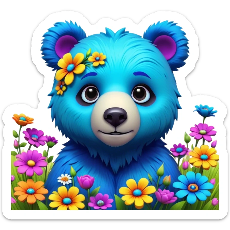 3D, adorable little Pixar style blue neon punk bear in a field of flowers, ultra detailed, each lash, eye, and strand of fur is shown in stunning detail as though captured in a timeless photograph, rich textures, visually rich, so lifelike it feels like it could leap off the page at any moment sticker