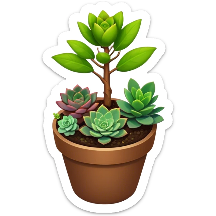 Close-up of a potted sapling in rich soil surrounded by vibrant plants and succulents. Bright sunlight filters through the window, casting soft shadows. Nearby gardening tools rest on a wooden table. Cozy indoor atmosphere with greenery and flowers. sticker