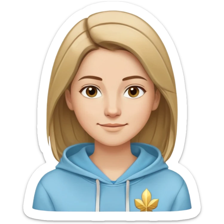 Caucasian woman, oval face, straight hair that is more brown than blonde with lighter blonde highlights, hair parted to the side, serene smile, dreamy expression, light blue hoodie with gold and white details sticker