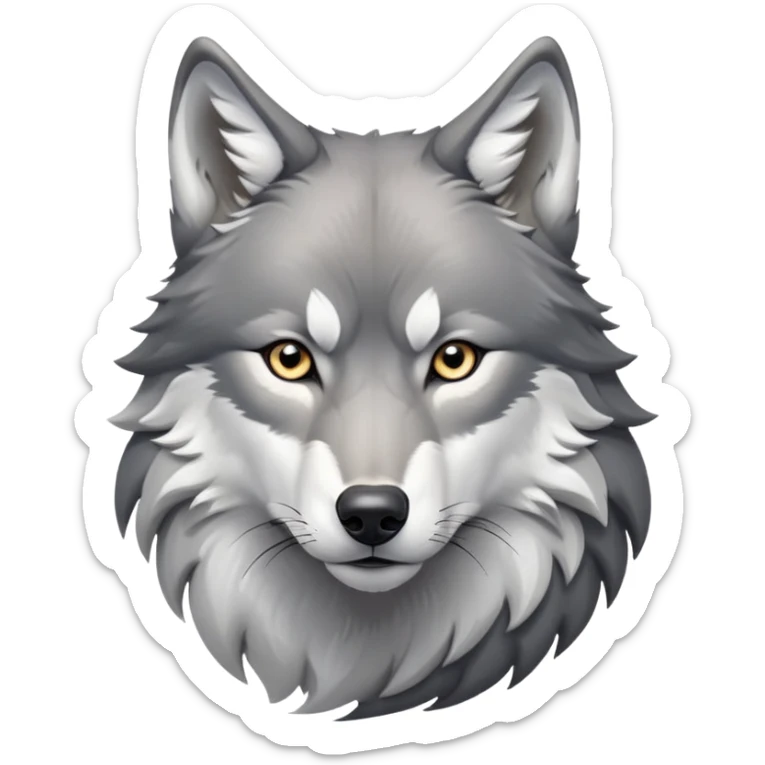 cinematic-noble-realistic-wolf-portrait-emoji,-poised-and-regal,-with-a-strong,-lean-build-and-a-sleek,-well-groomed-fur-of-grey-and-white,-deep-set-soulful-piercing-eyes,-simplified-yet-sharp-and-sophisticated-features,-highly-detailed, zoomed out showing shoulders sticker