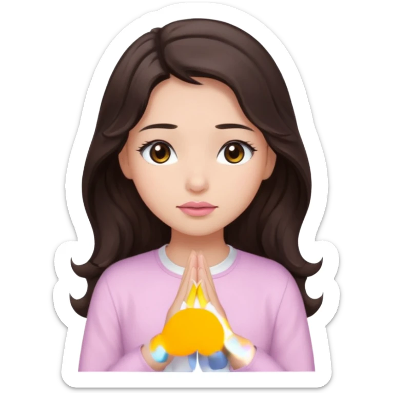 girl with wavy long glamorous dark brown hair, brown eyes, light to medium complexion, long lashes, light pink lipstick, praying, wearing light pink shirt sticker