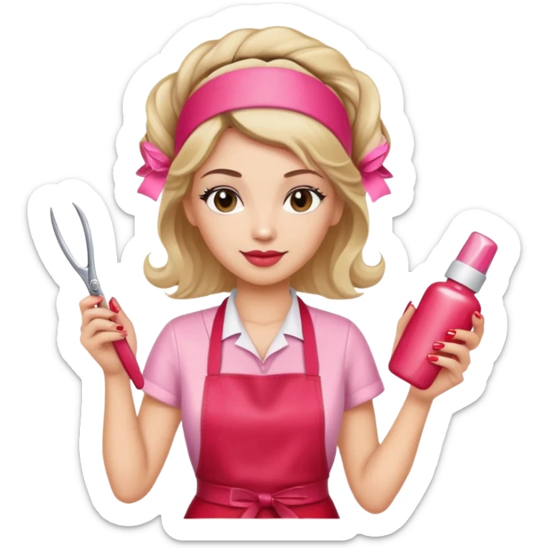 Female hairdresser with headband, wearing red apron, holding pink nail polish bottle and scissors, beauty salon employee sticker